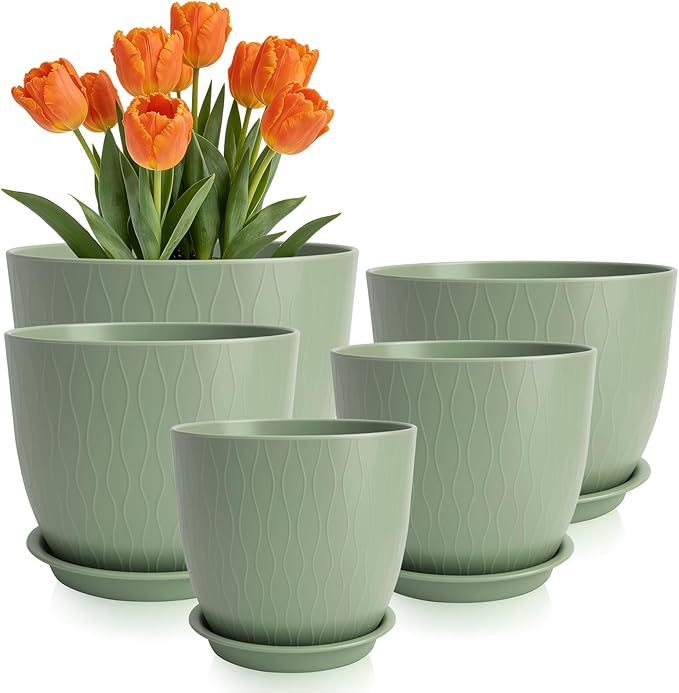 GARDIFE Plant Pots 10/9/8/7.5/7 Inch Plant Pots, Set of 5 Plastic Planters with Drainage Holes and Saucers,Plastic Flower Pots,Nursery Planting Pot for Indoor Out Door Plants (Green)