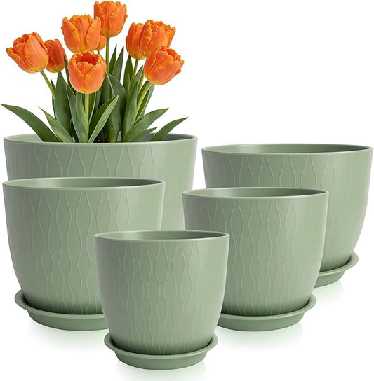 GARDIFE Plant Pots 10/9/8/7.5/7 Inch Plant Pots, Set of 5 Plastic Planters with Drainage Holes and Saucers,Plastic Flower Pots,Nursery Planting Pot for Indoor Out Door Plants (Green)