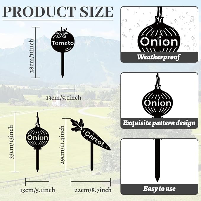 WADORN 3Pcs Vegetable Party Metal Decorative Garden Stakes, Onion Carrot Tomato Plant Label Signs Rust Weather Resistant Stakes Silhouette Ornaments for Yard Art Garden Patio Backyard Lawn Decors