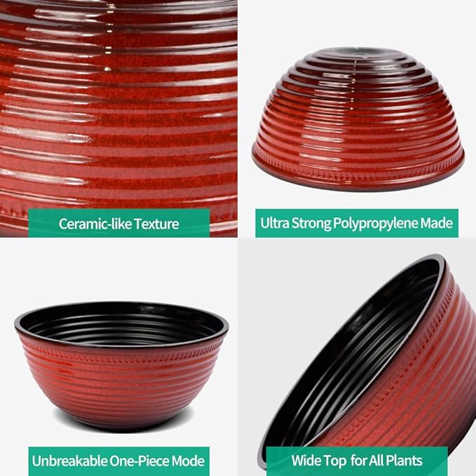 2 Pack 10 Inch Plant Pots,Durable Decorative Flower Pots Planters with Drainage Hole for Indoor and Outdoor Plants,Flowers,Succulents, Red
