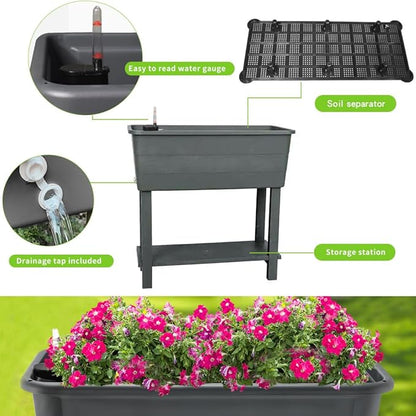 3 Pcs Self Watering Elevated Raised Garden Bed, Large Outdoor Plastic Planter Box Big Flower Plant Pot for Planting Flowers Vegetables and Herbs (3, Dark Grey)