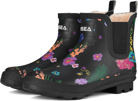 HISEA Women's Plush Rain Boots Waterproof, Chelsea Rubber Booties Women, Ladies Ankle Snow Boots for Winter Spring Garden Outdoor