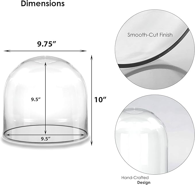 CYS EXCEL Glass Cloche Dome (H:10" D:9.75") | Multiple Sizes Decorative Showcase Display for Antique Collectibles | Bell Jar Terrarium & Dessert Cover