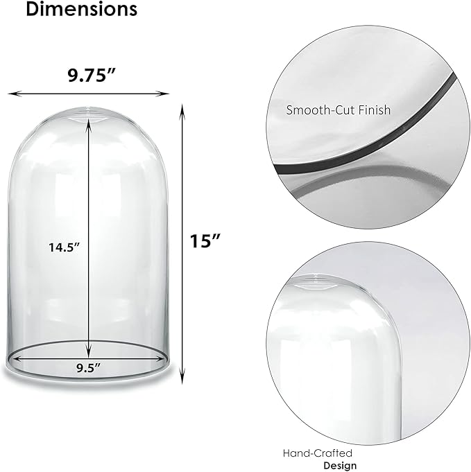 CYS EXCEL Tall Glass Cloche Dome (H:15" D:9.75") | Multiple Sizes Decorative Showcase Display for Antique Collectibles | Bell Jar Terrarium & Dessert Cover