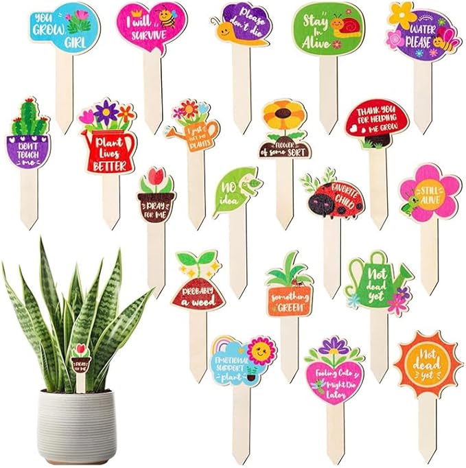 20pcs Funny Wooden Plant Markers,Garden Markers for Succulent Flowers, Plant Sticks Labels Tags Name Stakes, Spring Wood Garden Signs for Flower Greenery Succulent Potted