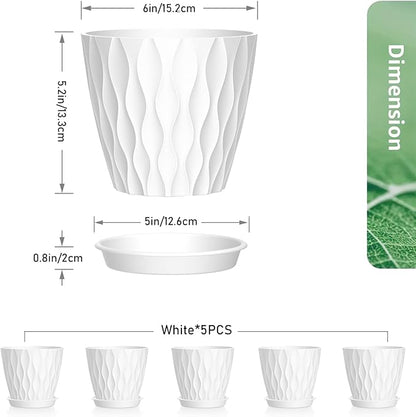 6 inch Flower Pots, 5 Pack Plant Pots for Indoor Outdoor Plants, Water Ripples Plastic Planters with Drainage Holes and Saucers, Nursery Pots for Small Succulent Garden House Plants, White