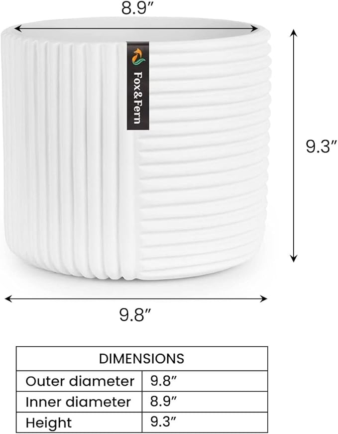 Fox & Fern 10 Inch Plant Pot with Drainage Plug — Premium Polystone White Plant Pot - Modern Planter with 3D Texture and Ceramic Finish - 10 Inch Pots for Plants Indoor & Outdoor