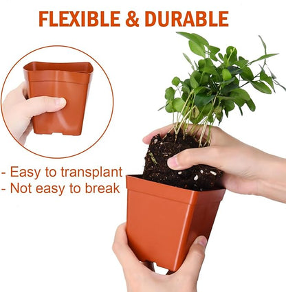 June Fox 100 Pack Red Square Nursery Pots with Drainage Holes 3.3 Inches Flexible Plastic Seedling Pots Square Pots for Plants, Succulent, Flower, with Plant Labels