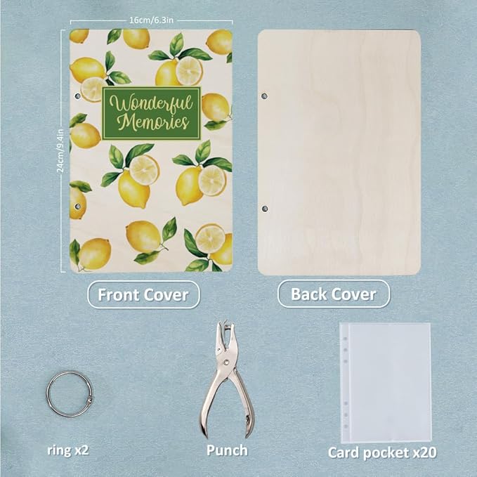 SUPERDANT Wonderful Memories Greeting Card Organizer Planning Book Binder Card Keeper Birthday Cards Holder Lemon Wooden Keeper Binder Photo Album 2-Rings Cover with Punch and 20pcs Inner Pockets