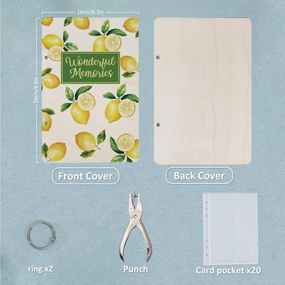 SUPERDANT Wonderful Memories Greeting Card Organizer Planning Book Binder Card Keeper Birthday Cards Holder Lemon Wooden Keeper Binder Photo Album 2-Rings Cover with Punch and 20pcs Inner Pockets