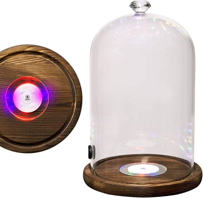 Smoking Gun Accessory LED lights Glass Dome 9" x 5.7" Lid Wooden Base - Glass Smoke infuser Cover Lid for Cocktail Smoker - Dome for Cold Smoke, Smoking Cloche for Drinks