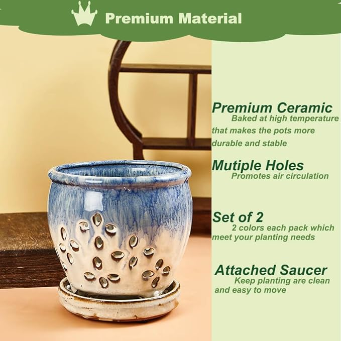 Orchid Pots with Holes Attached Saucers 4.6 Inches - 2 Pcs Small Ceramic Pots for Repotting, Decorative Ceramic Orchid Planter with Hole for Healthy Root Growth Blue Purple