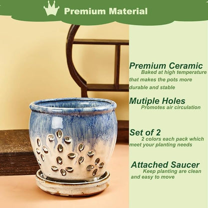 Orchid Pots with Holes Attached Saucers 4.6 Inches - 2 Pcs Small Ceramic Pots for Repotting, Decorative Ceramic Orchid Planter with Hole for Healthy Root Growth Blue Purple