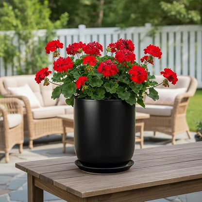 Ceramic Planter 8 Inch - Plant Pot for Indoor Outdoor Plants Cylinder Flower Pot with Drainage Hole and Saucer Black