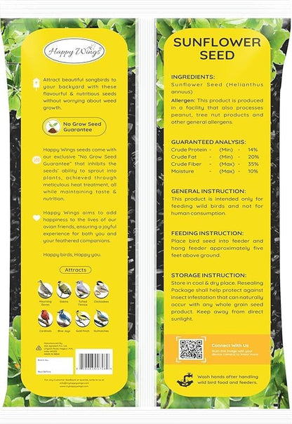 Happy Wings Black Oil Sunflower Seeds for Wild Birds 5 lbs- Combo Pack of 2 I No Grow Seed I High-Energy Bird Food Ideal for Finches, Sparrows, and More I All Year-Round Feeding.