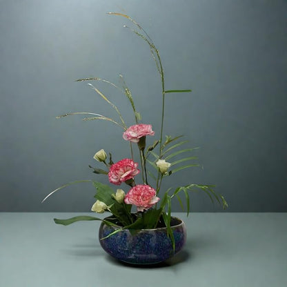 Water Lotus Bowl Planter Kit - Japanese Compote Bowl Ikebana Vase Set w/ 1.8" Floral Frog- Ideal for Ikebana, Flower Arrangement & Hydroponic Planting (Blue)