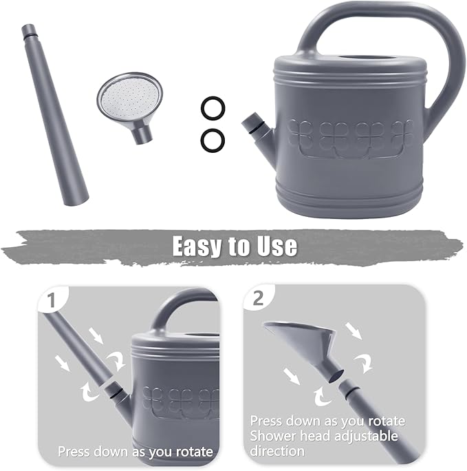 2 Gallon Watering Can, Outdoor Watering Can for Plants, Garden Water Can with Removable Long Spout and Stainless Steel Sprinkler Head, Large Water Can for Greenhouse (Grey, 2 Gallon)