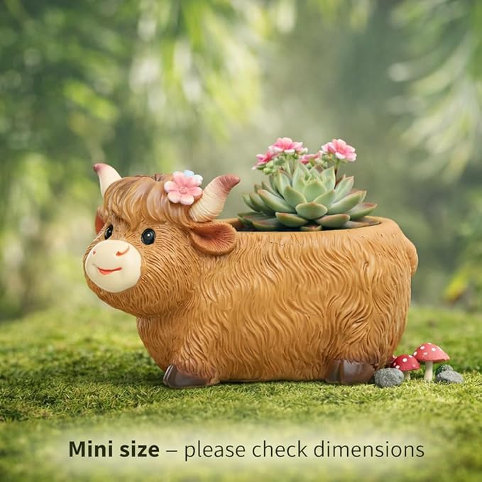 Highland Cow Succulent Planter with Drainage Hole & Plug, Mini Resin Cow Flower Pot for Indoor Outdoor Plants, Cute Animal Planter for Home & Garden Decor (B)