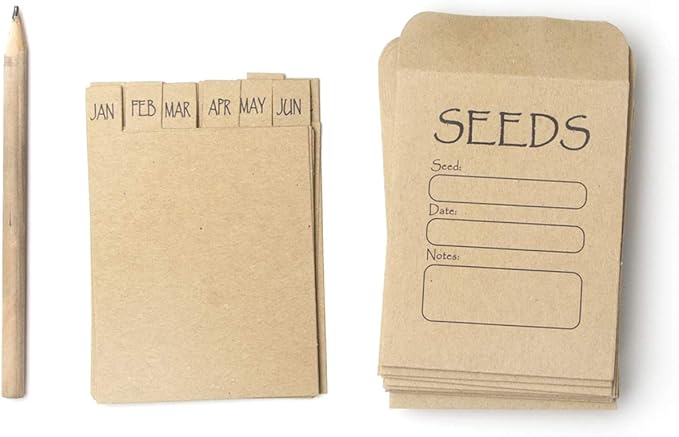 Katai Steel Seed Storage Box Organiser in Green. Compact Seed Packet Container with Lid Complete with Monthly Dividers, 20 Envelopes and Pencil