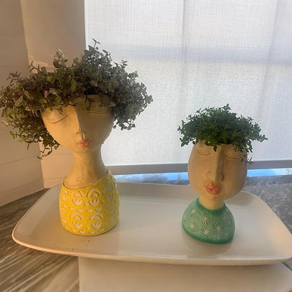 DiliComing Resin Face Planters Pots Head - 8 Inch Indoor and Outdoor Pot with Drainage Hole for Succulents Plants Home Garden Decor Unique Girl Sculpture Plant Pot