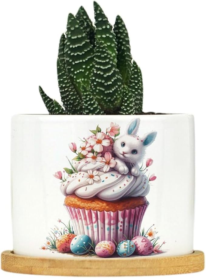 DreamAutumn Easter Cupcake Dessert Planter Ceramic Round Plant Pots with Drainage Holes and Bamboo Tray Planting Small Flower Pots for Home Windowsill Desk Garden Indoor Outdoor Use