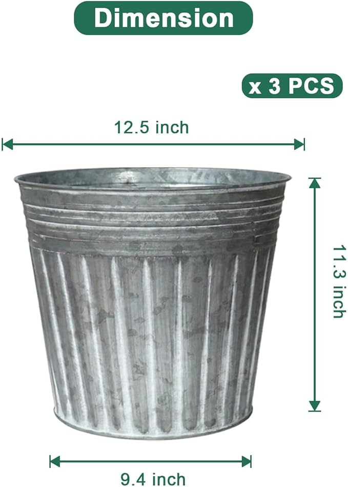 vensovo 12 Inches Silver Metal Rustic Plant Pots - 3 Pcs Large Galvanized Planters with Drain Hole and Rubber Plug, Rustproof Tin Bucket Flowerpot for Indoor Plants Farmhouse Vintage Style for Decor