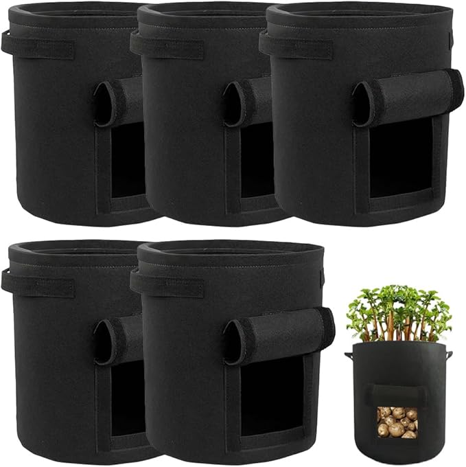 Potato Grow Bags, Thickened 300G Nonwoven Fabric Grow Bags with Handles, Grow Bag for Tomato, Vegetables, and Potatoes, Heavy Duty Planting Pots, Reusable Plant Grow Bags (5pcs Black, 7 Gallon)