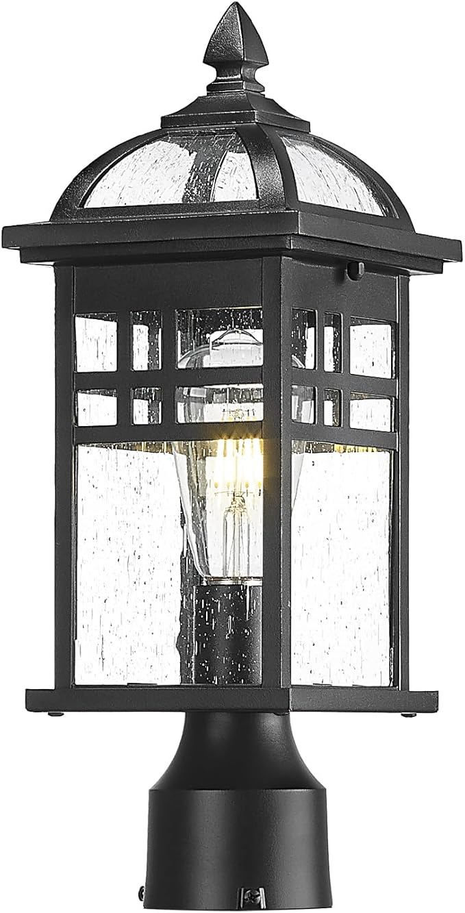Emliviar 16 Inch Outdoor Lamp Post Light Fixture, Modern Outdoor Pillar Light for Outside, Waterproof Aluminum in Black Finish Seeded Glass, DE281P BK