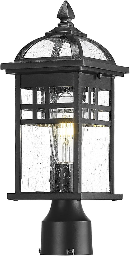 Emliviar 16 Inch Outdoor Lamp Post Light Fixture, Modern Outdoor Pillar Light for Outside, Waterproof Aluminum in Black Finish Seeded Glass, DE281P BK