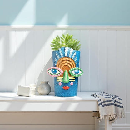 Picasso Abstract Face Flower Pot,Plant Pot with Facial Expressions,Handmade Resin Plant Pot with Drainage Holes,for Indoor and Outdoor Botanical Home décor (Blue Large)