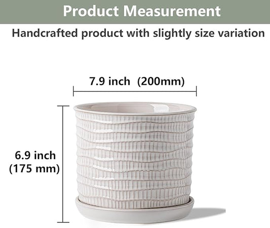 8 Inch Plant Pot: Ceramic Planter with Drainage Hole & Saucer for Indoor Outdoor Plants - Flowerpot with Bonded Tray for Home Office - Wave Embossed