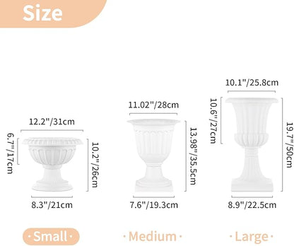 NUPTIO 2 Pcs Classic Urn Planter, 10.23 inches Height Plastic Outdoor Urn, Pedestal Plastic Planter for Garden Front Porch Door, White