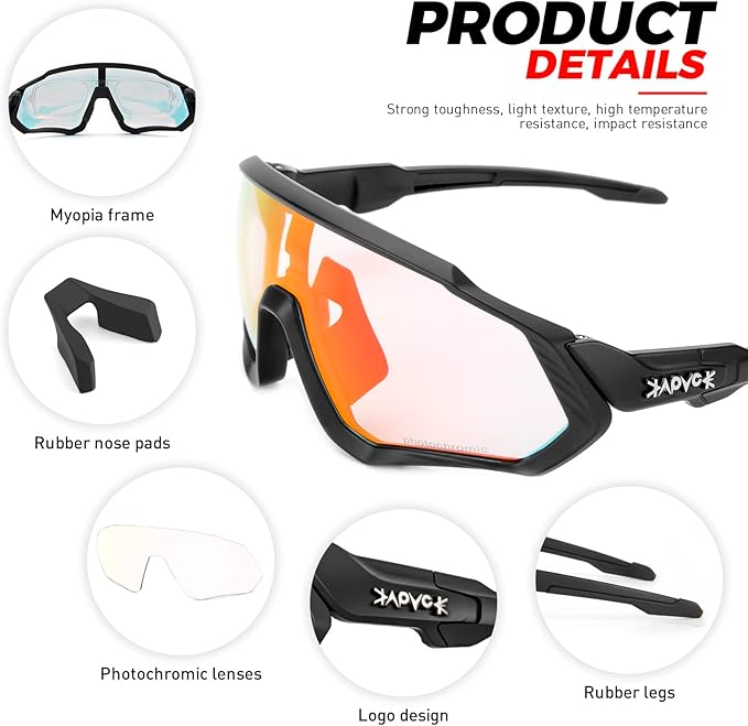 KAPVOE Photochromic Cycling Glasses Men Women Mountain Bike Sunglasses Clear MTB Bicycle Riding - K9408