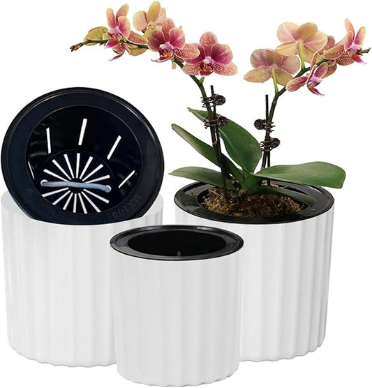MUZHI Orchid Pot with Net and Holes, Round Self Watering Planter Pot for Indoor Plants and Flowers 3 Sets White