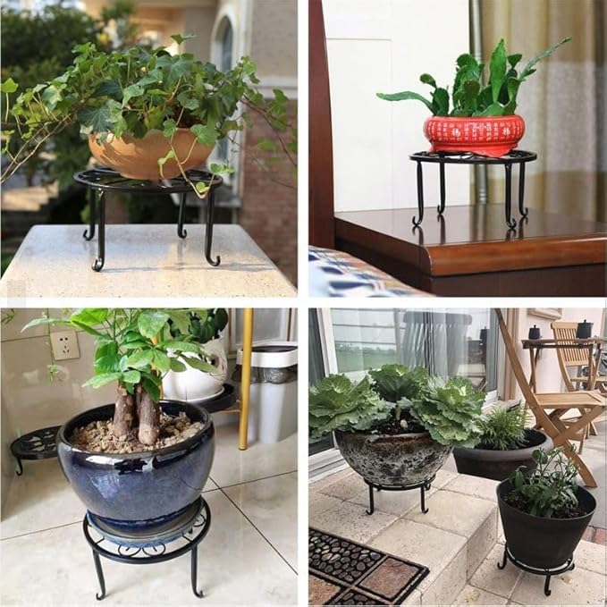 9-1/2 Inch Diameter X 5 Inch High Metal Potted Plant Stand - Rust Proof Wrought Iron Short Flower Pot Bracket Tripod Floor Dish Decorative Pot Holder (Black)