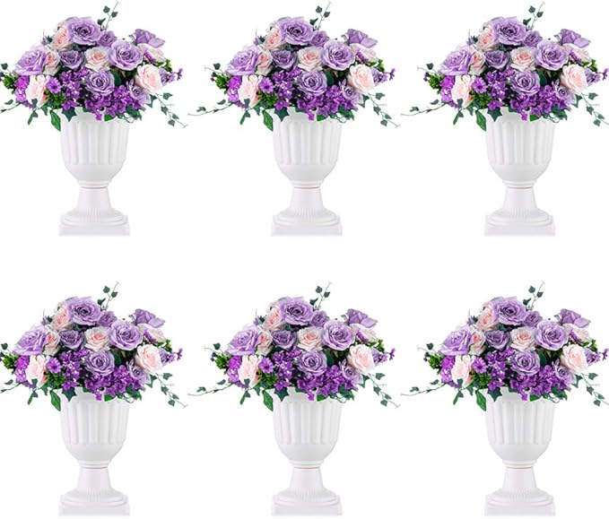 NUPTIO 6 Pcs Classic Urn Planter, 13.98 inch Tall Large Plastic Outdoor Urns Planters, Pedestal Flower vases Plant Pot, Resin Grecian Plants Pots for Garden Porch Front Door, White