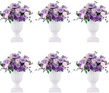 NUPTIO 6 Pcs Classic Urn Planter, 13.98 inch Tall Large Plastic Outdoor Urns Planters, Pedestal Flower vases Plant Pot, Resin Grecian Plants Pots for Garden Porch Front Door, White