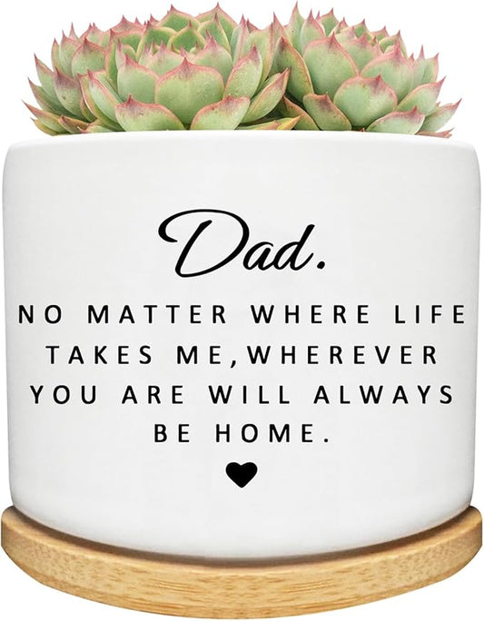 Succulent Planter Pot for Dad - Cute 3 Inch Plant Dad Gift from Daughter or Son with Bamboo Tray, Best Fathers Day Birthday Gardening Gifts for Dad, Grandpa, Husband