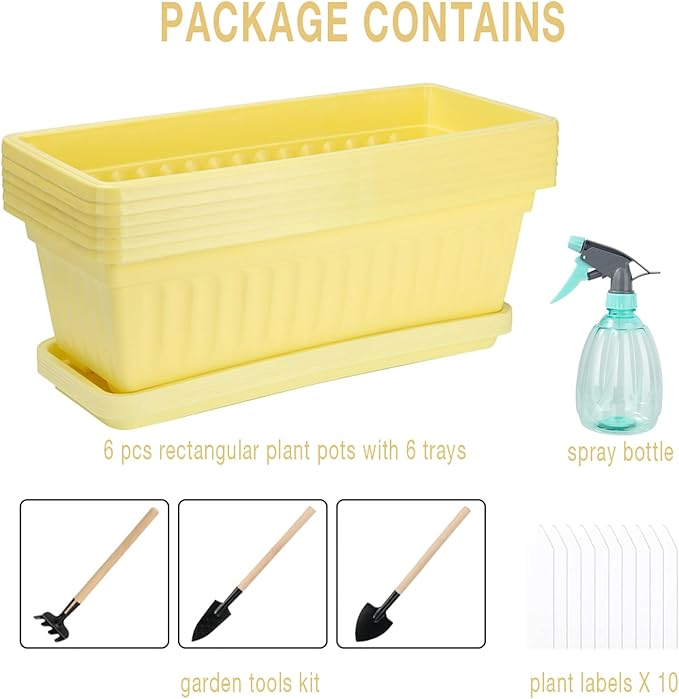 HOXHA 6 Pack Window Box Planter, 17 Inches Vegetable Flower Plastic Planter Boxes with Tray, Rectangular Planter Indoor and Outdoor Flower Pots for Windowsill, Patio, Porch, Garden Balcony, Yellow