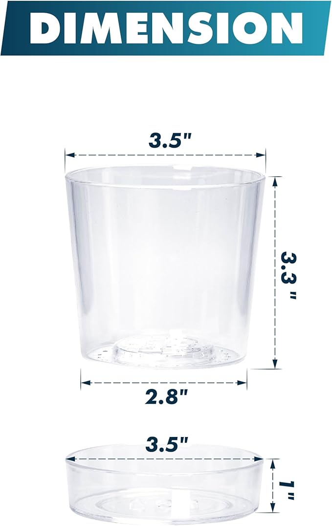 Phoenix Vine 3.5 Inch Clear Acrylic Planter Pot with Tray, Orchid Pot with Drainage Holes, Deep Saucer for Bottom Watering, Transparent Containers for Indoor Plants, Herbs, Set of 4, 91-A-D-4