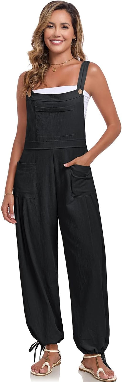 ALSOGO Womens Wide Leg Overalls Loose Beach Vacation Outfits Jumpsuits 2025 Causal Sleeveless Rompers with Pockets
