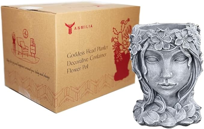 Head Planter Face Flower Pot Goddess Statue Plant Pot Decorative Girl Portrait Planter Indoor Outdoor Girl Face Flower Vase Container Planter (Gray)