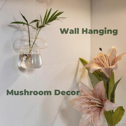 Wall Hanging Mushroom Vase, Small Plant Propagation Stations Cute Mushroom Glass Planter Terrarium Indoor Hydroponic Flower Holder for Elegant Home Decor Gifts, Clear, 2 PCS