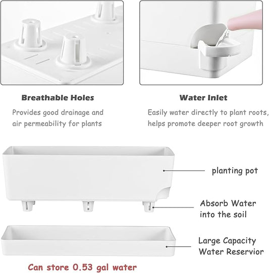2 Pack Self Watering Pots for Indoor Plants 17 Inches Window Boxes Planters Rectangular Flower Pots Rectangle Herb Pots Large Plant Pots with Drainage Holes and Saucers Windowsill Planter, White
