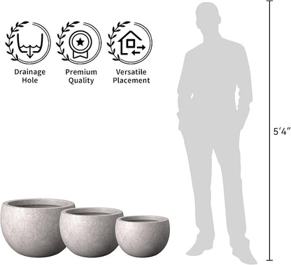 Kante 19.9",15.7",11.8" Dia Round Concrete Planter Set of 3, Outdoor/Indoor Large Bowl Plant Pots with Drainage Hole and Rubber Plug for Garden Patio Balcony Home, Light Gray