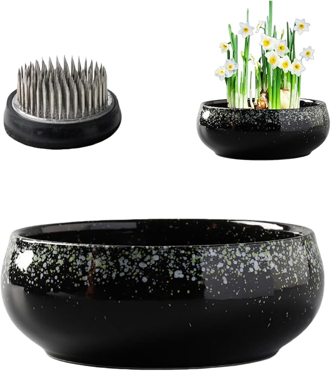 Water Lotus Bowl Planter Kit - Japanese Compote Bowl Ikebana Vase Set w/ 1.8" Floral Frog- Ideal for Ikebana, Flower Arrangement & Hydroponic Planting (Green Spots)