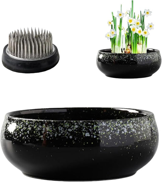 Water Lotus Bowl Planter Kit - Japanese Compote Bowl Ikebana Vase Set w/ 1.8" Floral Frog- Ideal for Ikebana, Flower Arrangement & Hydroponic Planting (Green Spots)