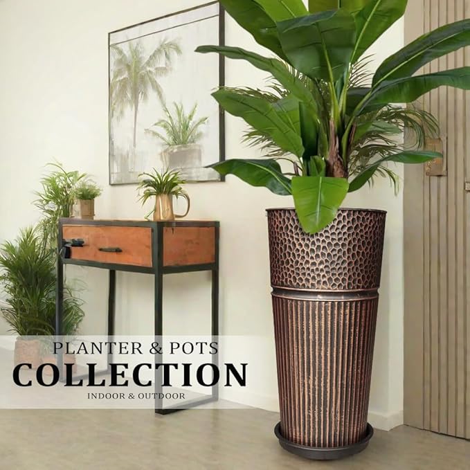 2 Pcs Pack Metal Tall Tapered Planter Pots Large Round Planter Flower Pot with Drainage Holes for Indoor Outdoor Deck Porch Garden Home Patio Front Door (Antique Copper, L)