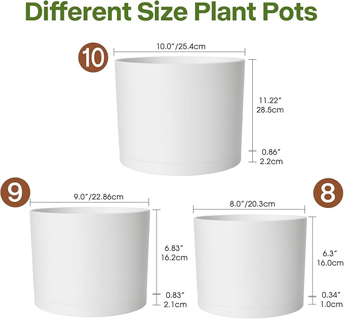 GARDIFE 10/9/8 Inch Modern Cylinder Planter, Plant Pots for Indoor Outdoor Plants, Flower Pots with Drainage Holes and Saucers for Garden Succulent Nursery House Plants (White)