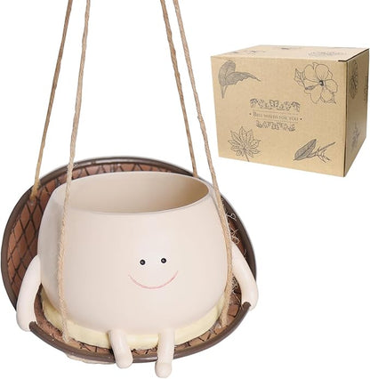 Hanging Swing Chair Planter Pot Smiley Face Planter for Indoor Outdoor Plant Cute Head Resin Flower Pots for String of Pearls Plant Live Unique Gift IdeaI for Mother Day, Christmas (Large)